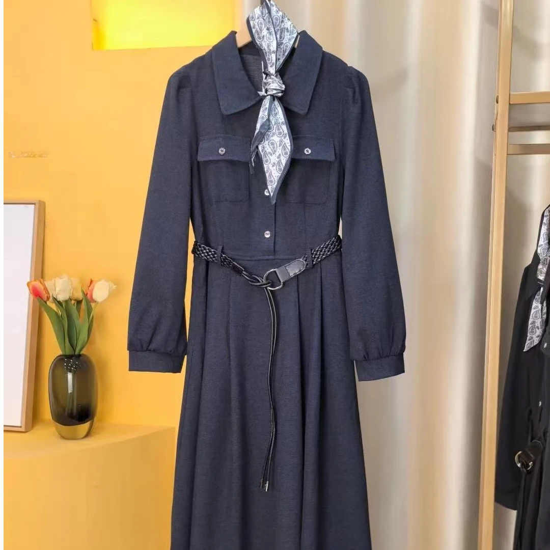 深蓝色法式衬衫连衣裙女2025秋季新款仿牛仔翻领长袖收腰显瘦裙子
