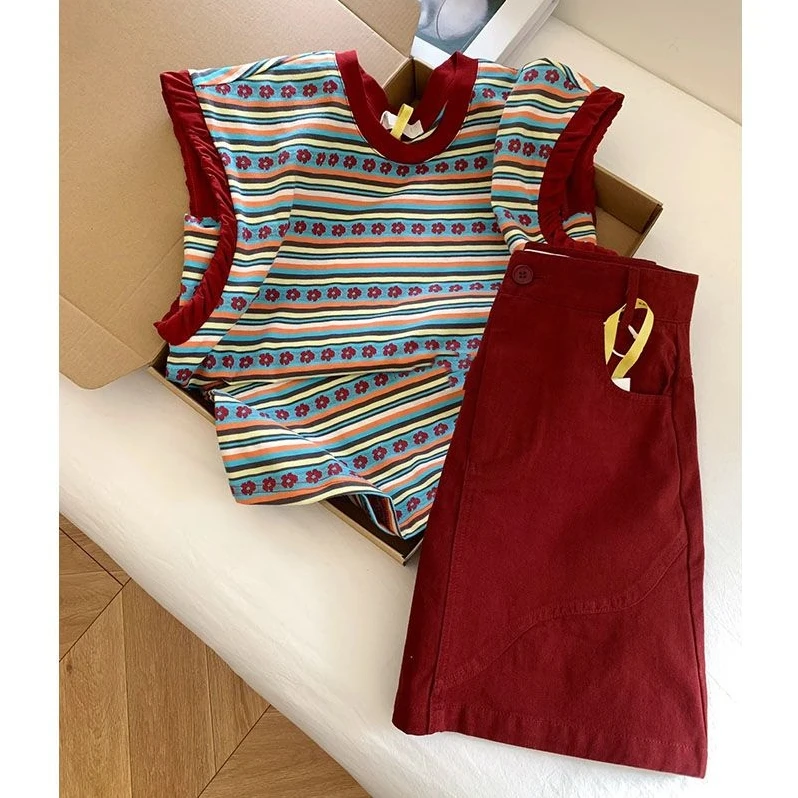 夏季温柔系穿搭女2024新款韩版潮流印花短袖显瘦简约半身裙两件套