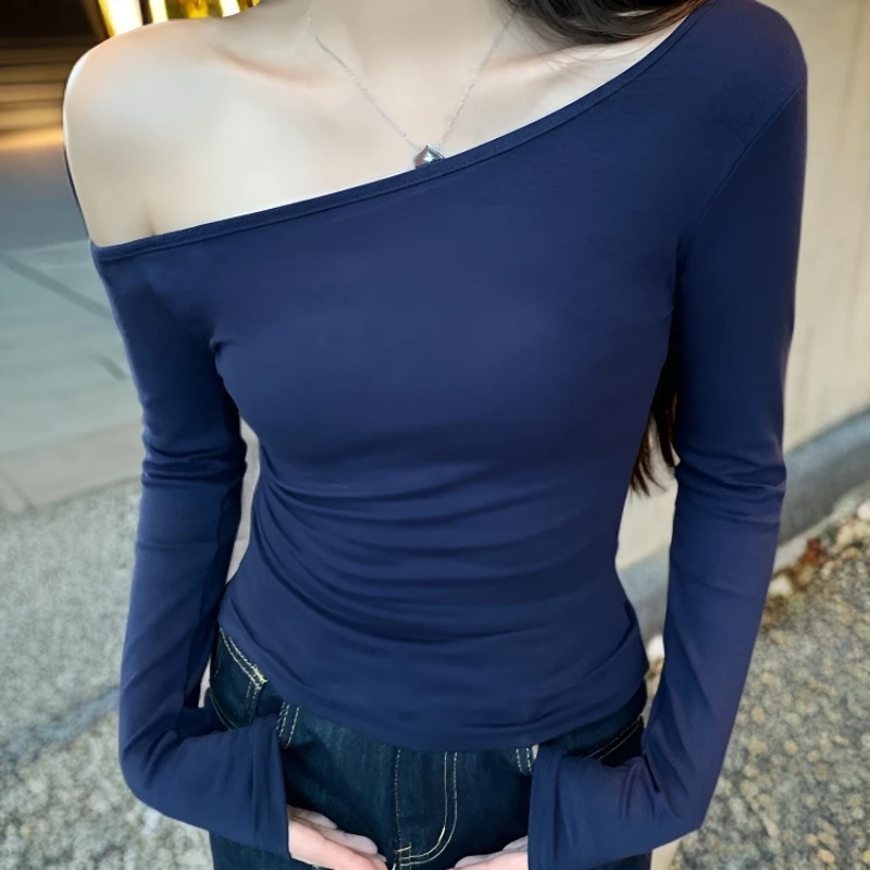 韩版斜肩露肩长袖T恤女秋季设计感紧身短款打底纯欲辣妹修身上衣