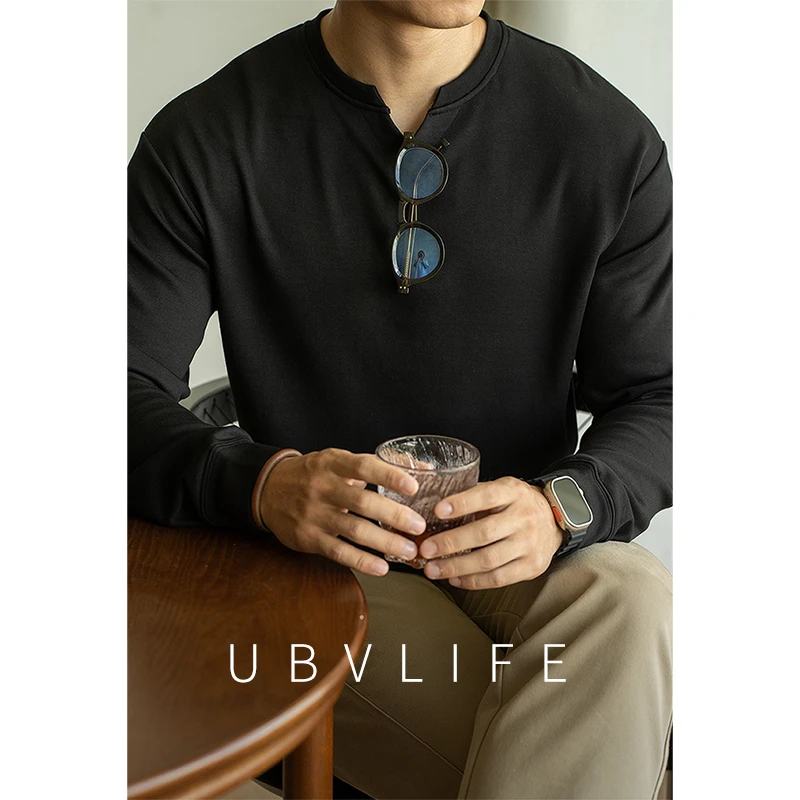 莫代尔棉混纺透气小V领长袖T恤男士2025秋季舒适通勤休闲针织衫