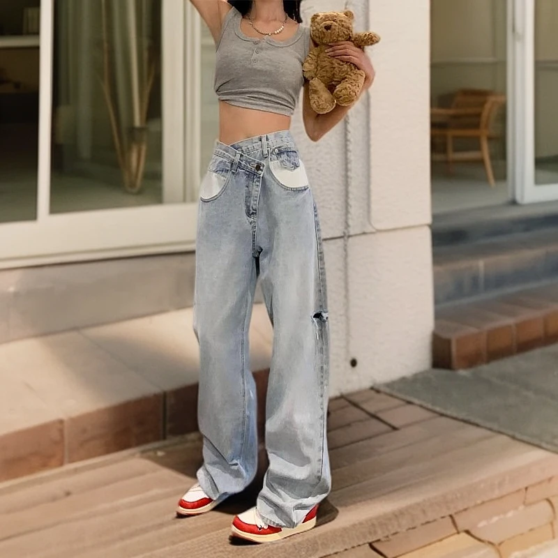 破洞牛仔裤女夏季2025年新款宽松高腰垂感显瘦小个子直筒阔腿裤子