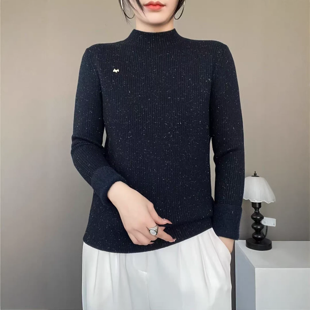 105新款小香风设计感亮丝坑条半高领加绒加厚简约显瘦百搭针织衫