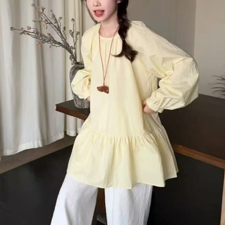 天一~宽松娃娃裙上衣中长大码胖mm设计感褶皱娃娃衬衫裙女9797