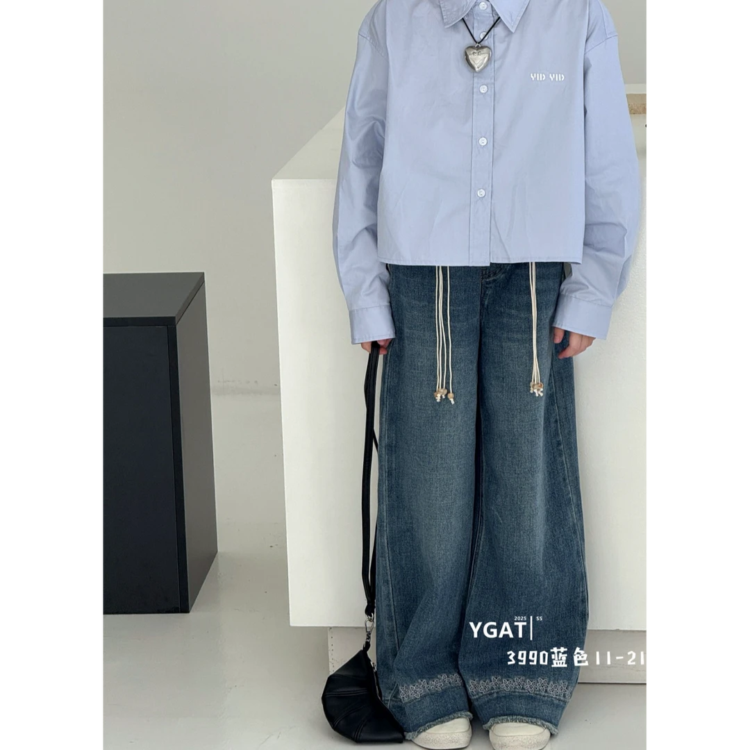 【小慕家】2025秋新款儿童洋气串珠系带刺绣印花休闲百搭牛仔裤3990