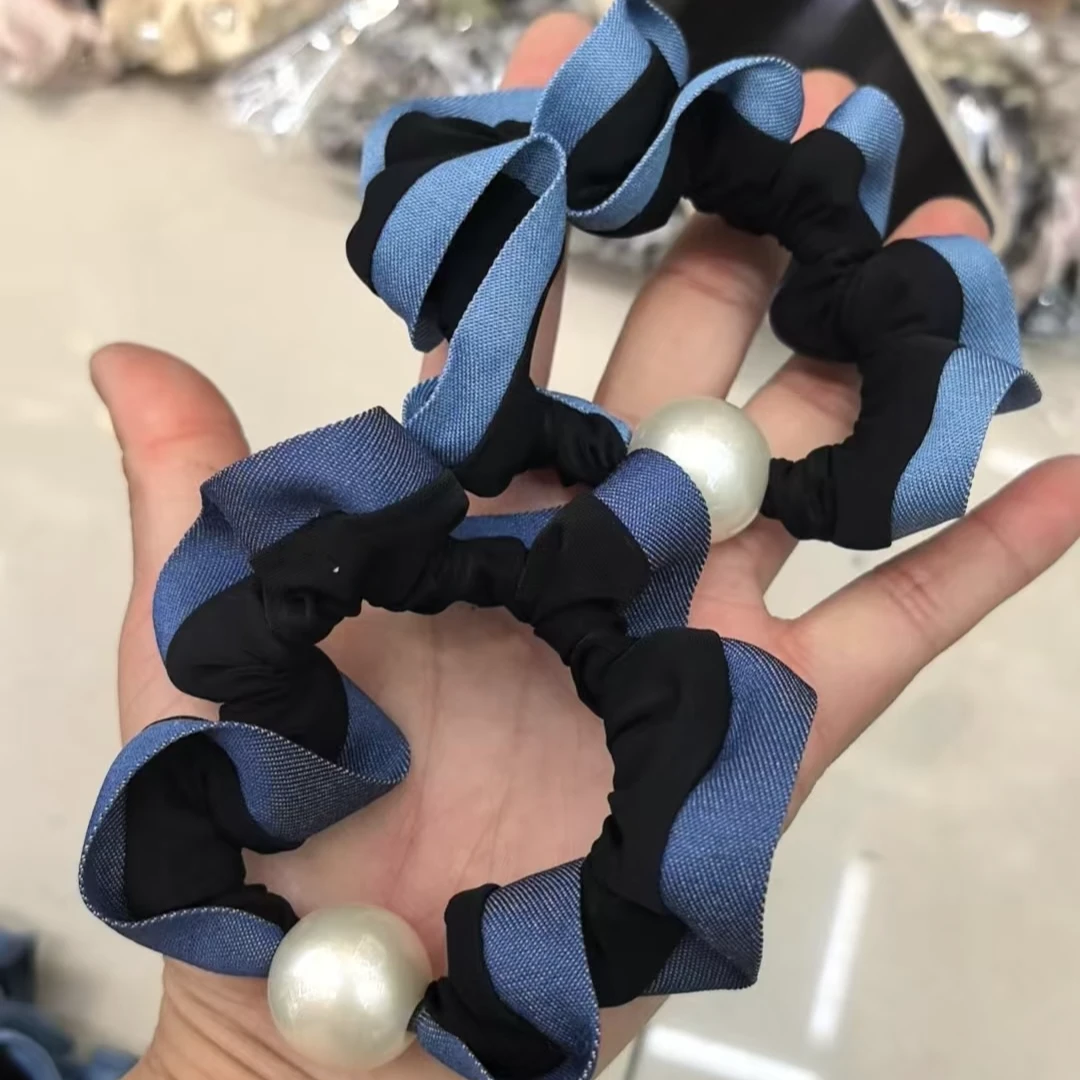 简约新款面膜发圈撞色蓝牛仔发绳时尚珍珠扎马尾橡皮筋高弹力皮套