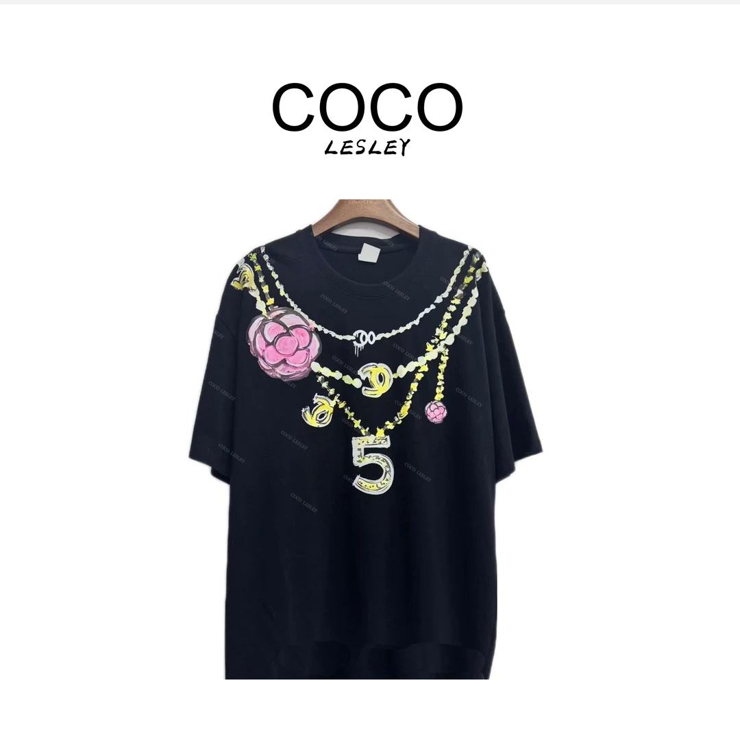 【CoCoLesly】夏天新款黑色宽松休闲百搭落肩圆领设计师短袖C