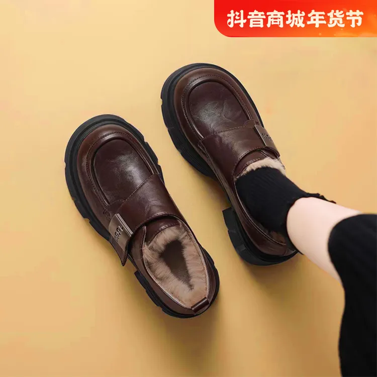百搭高跟加绒女秋冬外穿复古英伦风小皮鞋2024年粗跟乐福鞋女圆头