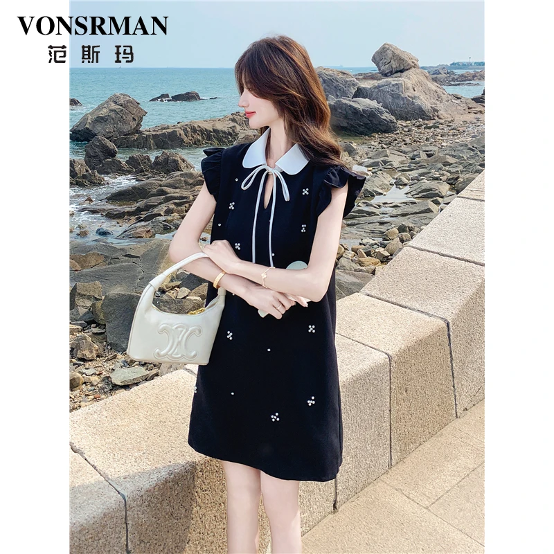 法式黑色小飞袖刺绣连衣裙女2025夏季流行甜美减龄气质宽松直筒裙