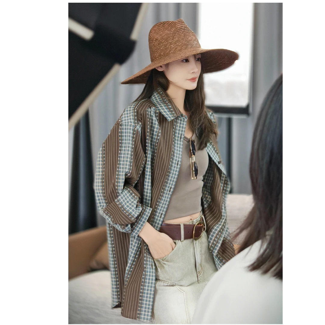 美洋MEIYANG可可条衬衣 全棉色织格纹翻领排扣宽松休闲长袖衬衫S