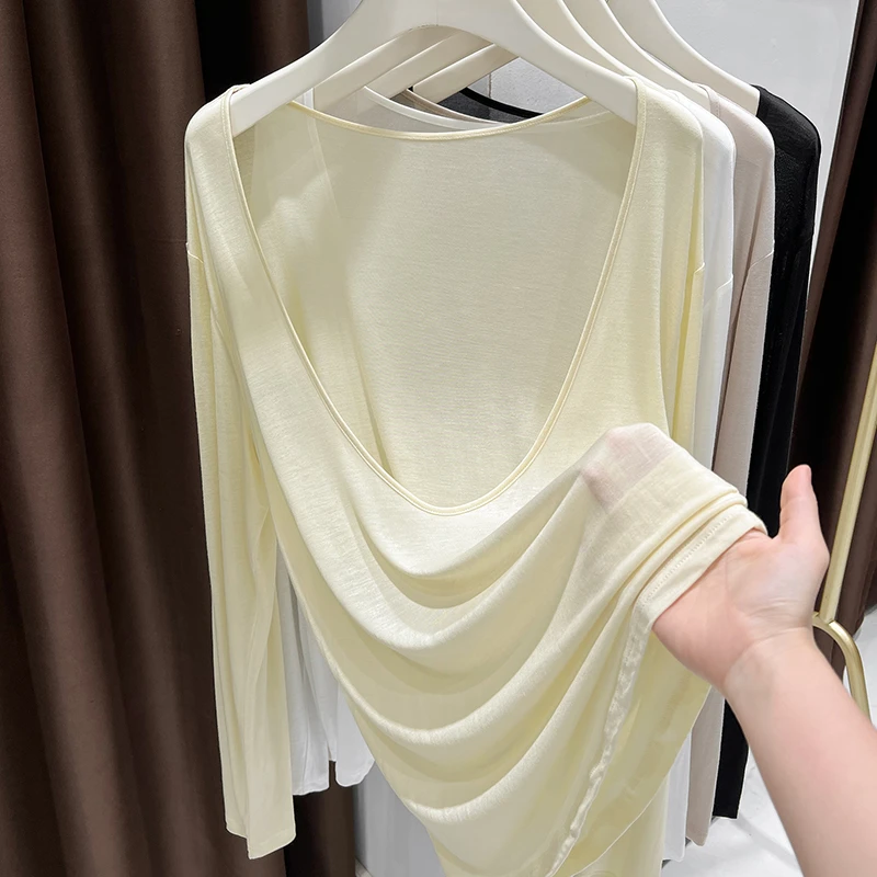 独特漂亮辣妹低领长袖T恤女新款大u领冰丝针织防晒宽松罩衫薄上衣