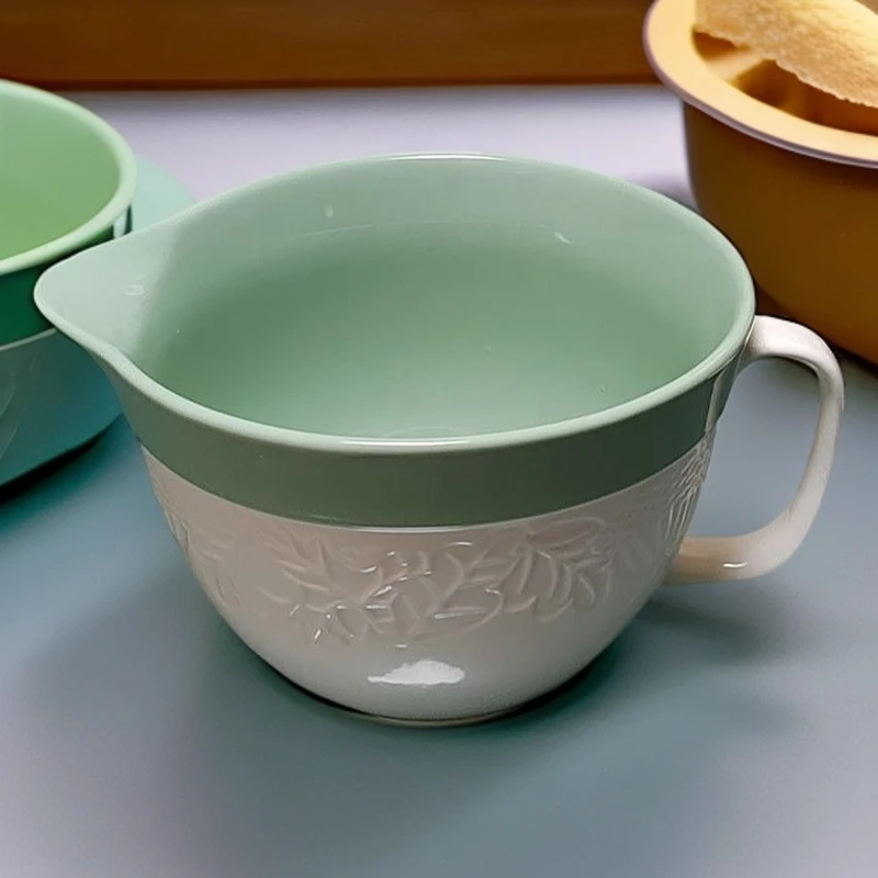 【BS家】28*22*14CM 白绿双拼色大料理碗 带把手 浮雕工艺 植物花卉