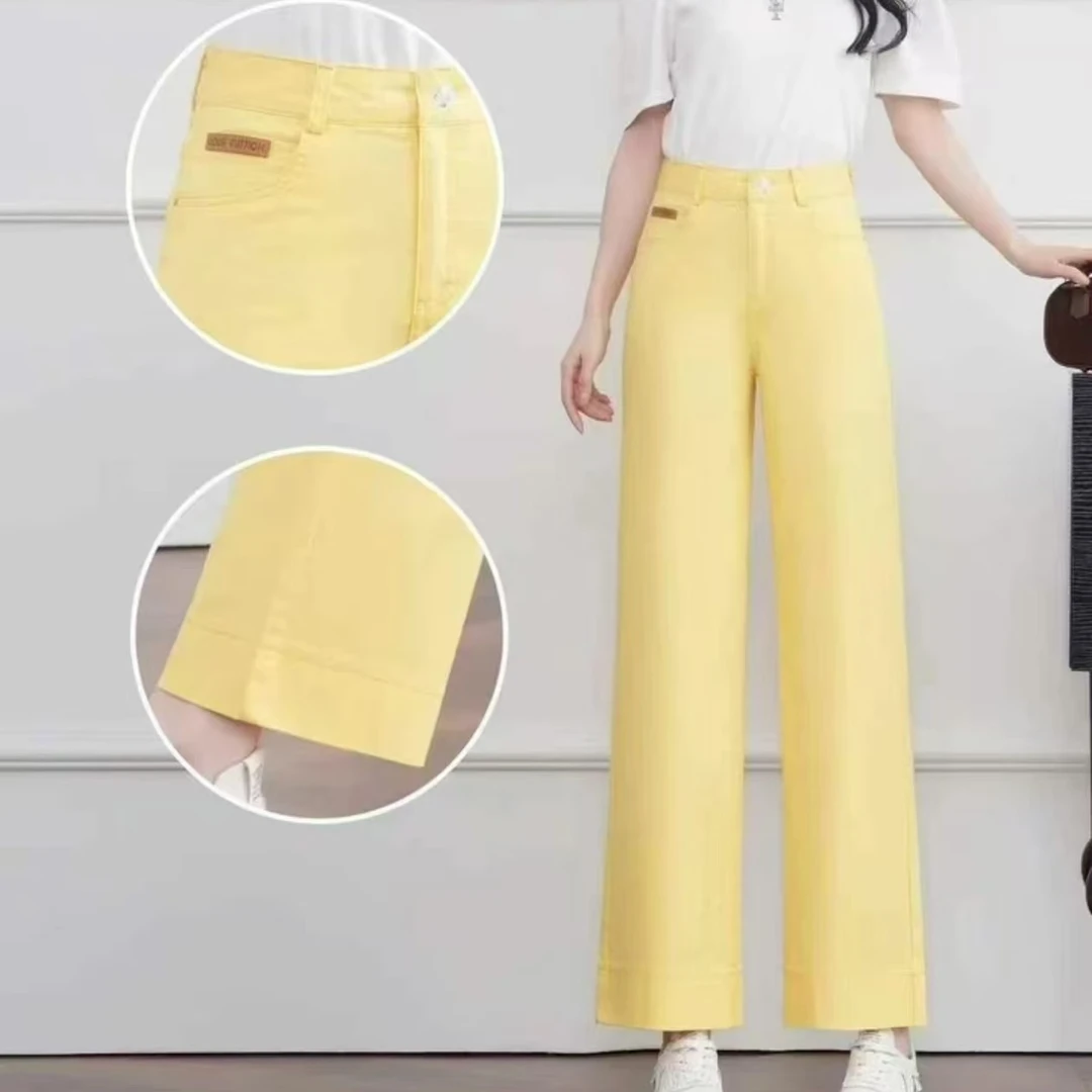 5623（裤长93）高级感小个子高腰牛仔棉黄色直筒裤