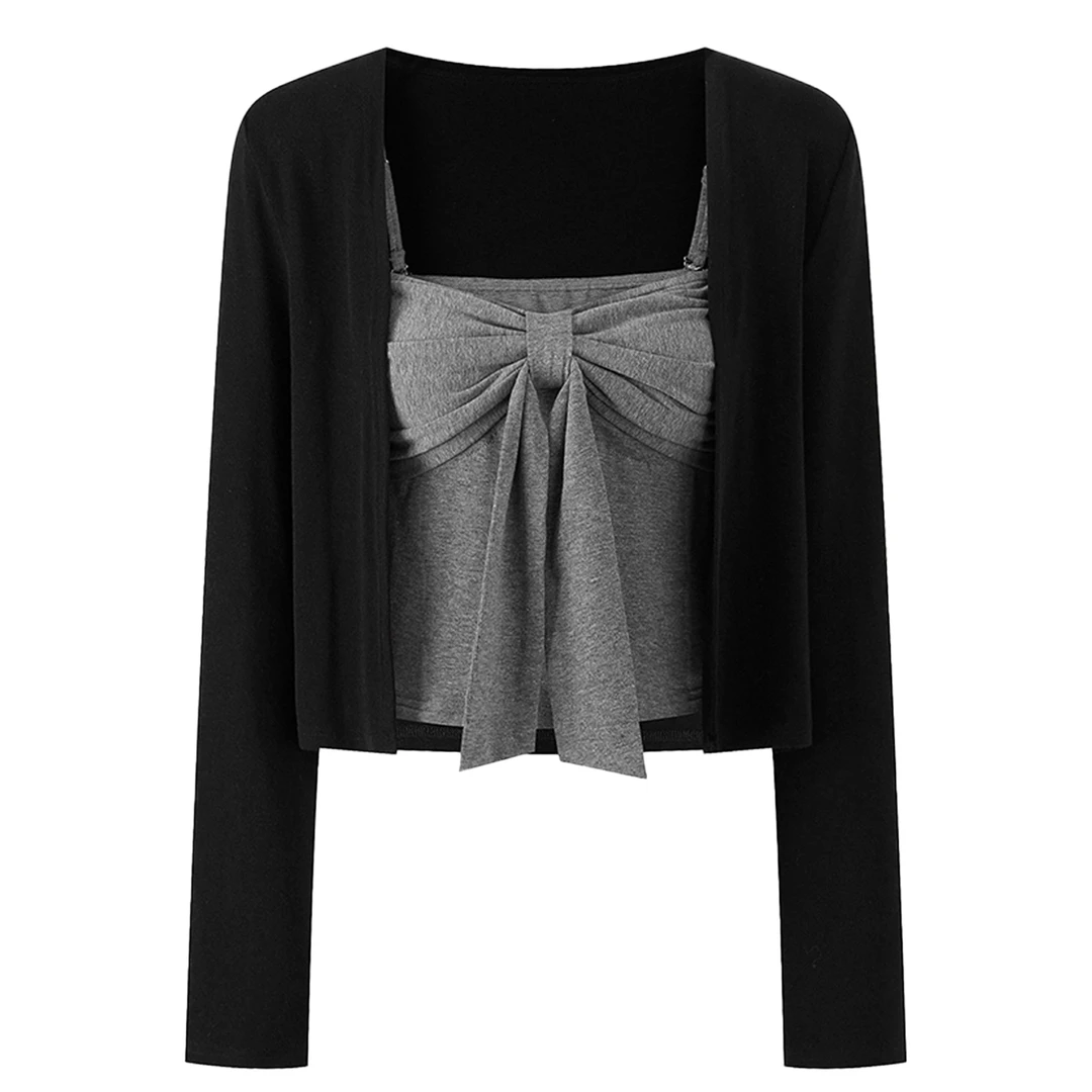 Not defin大码微胖针织长袖t恤女秋季纯欲薄款修身开衫上衣两件套