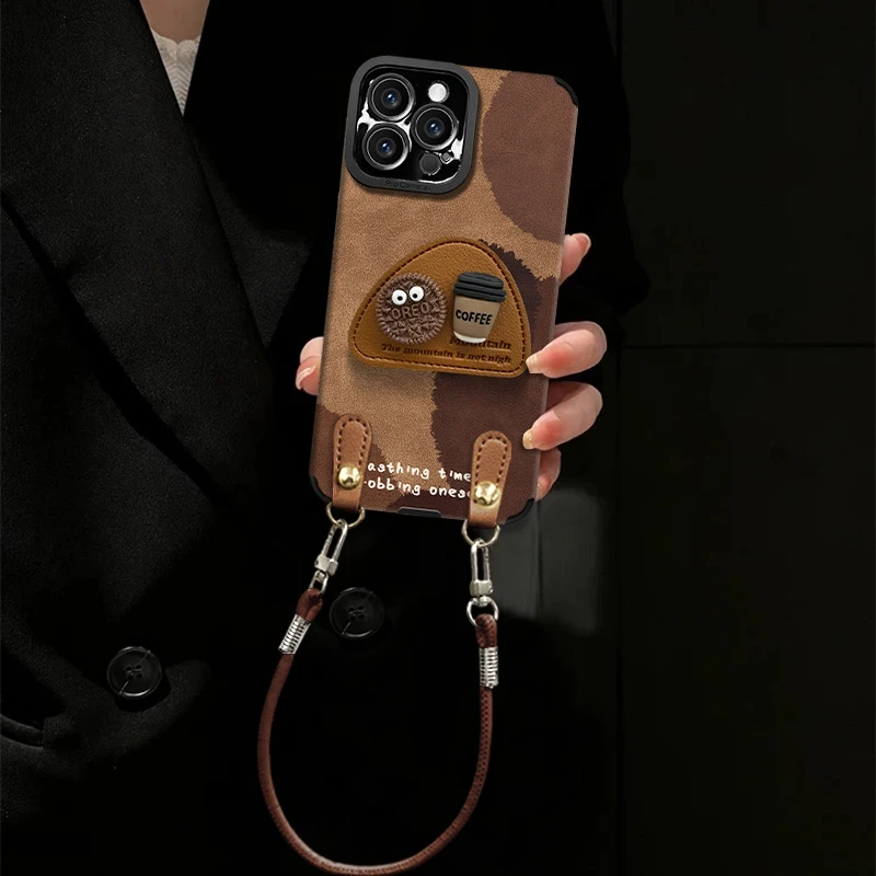 壹煤球咖啡适用于苹果17promax手机壳带支架iPhone16/15秋冬新款