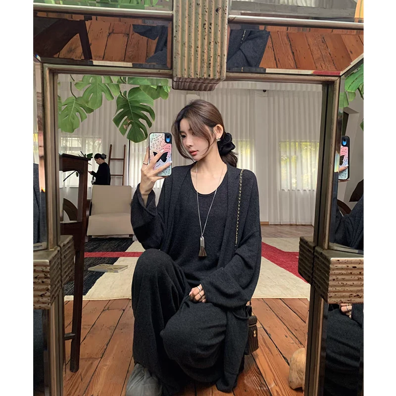 姐系贵感套装早秋法式轻熟老钱风针织开衫叠穿背心休闲裤三件套女