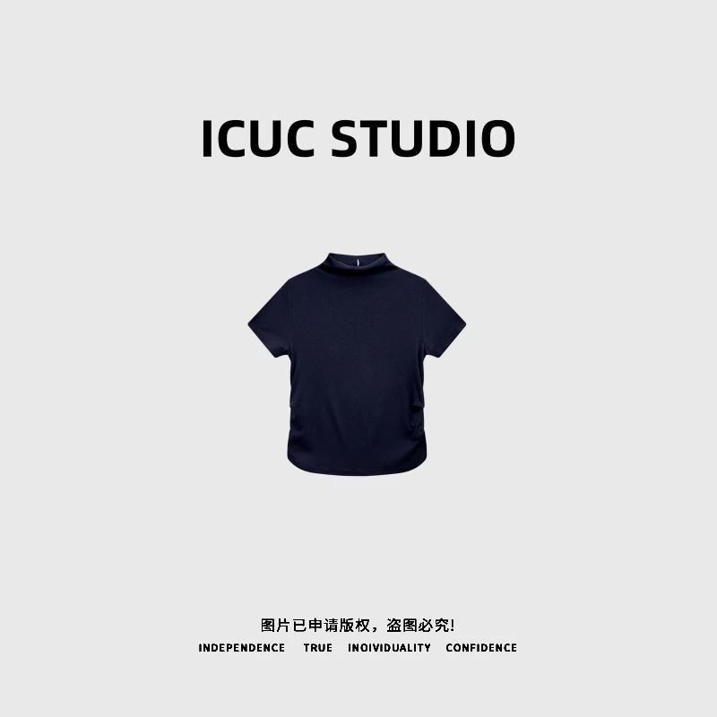 ICUC STUDIO-【半高领短袖棉T】设计感收腰褶皱背后扣修身打底322