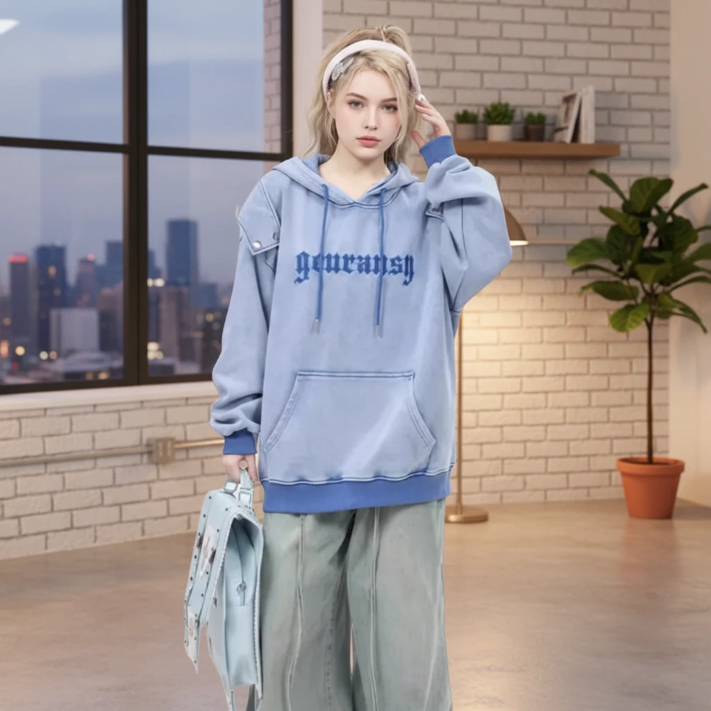 大码300斤美式复古做旧字母刺绣连帽卫衣男女2025款加绒情侣上衣