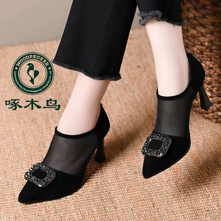 啄木鸟2025新款镂空真皮夏季网靴女尖头高跟鞋网纱百搭细跟凉鞋K6