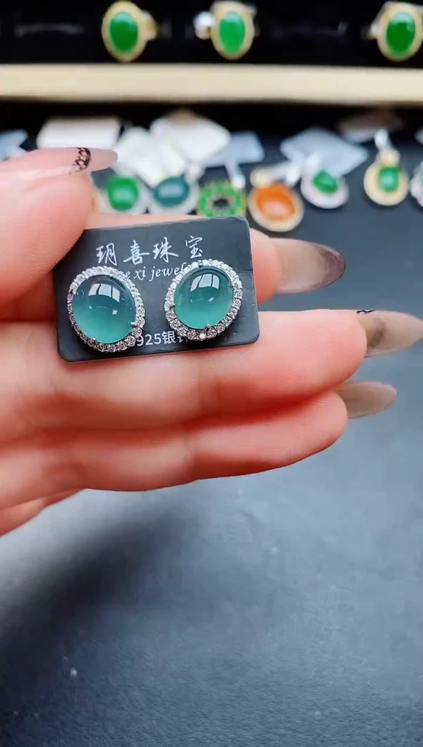 翡翠银S925镶嵌耳饰5850