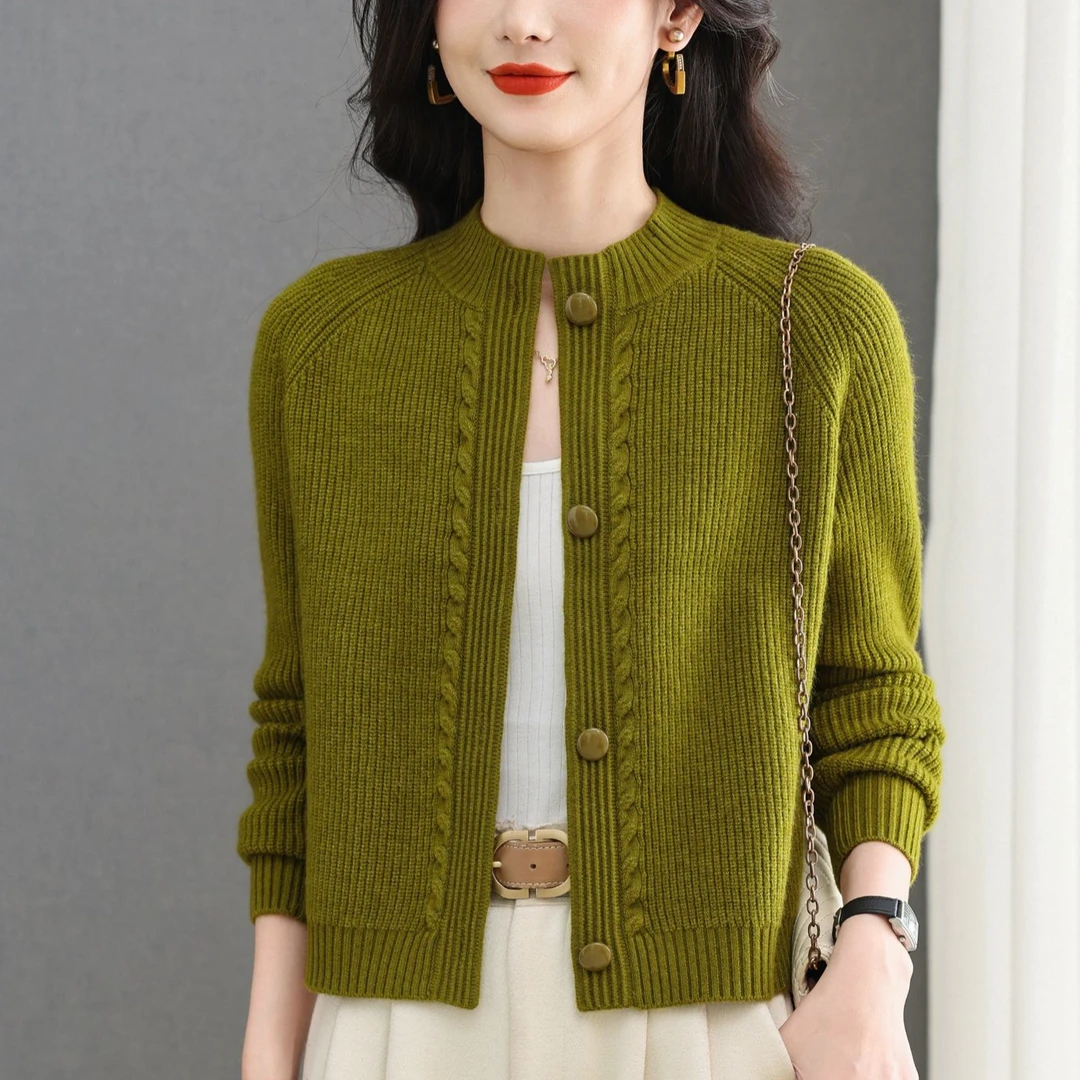 秋冬圆领毛衣外套女宽松显瘦遮肚子百搭纯色毛衣开衫洋气外搭秋冬