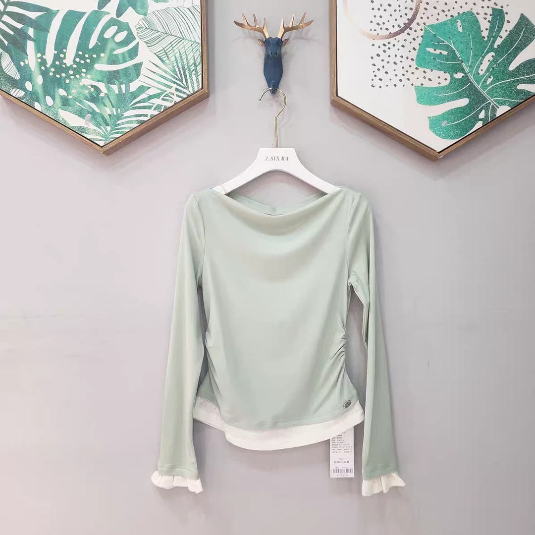 麦寻春TXLBS15A海泡沫绿色纯欲蕾丝边假两件设计长袖T恤褶皱收腰