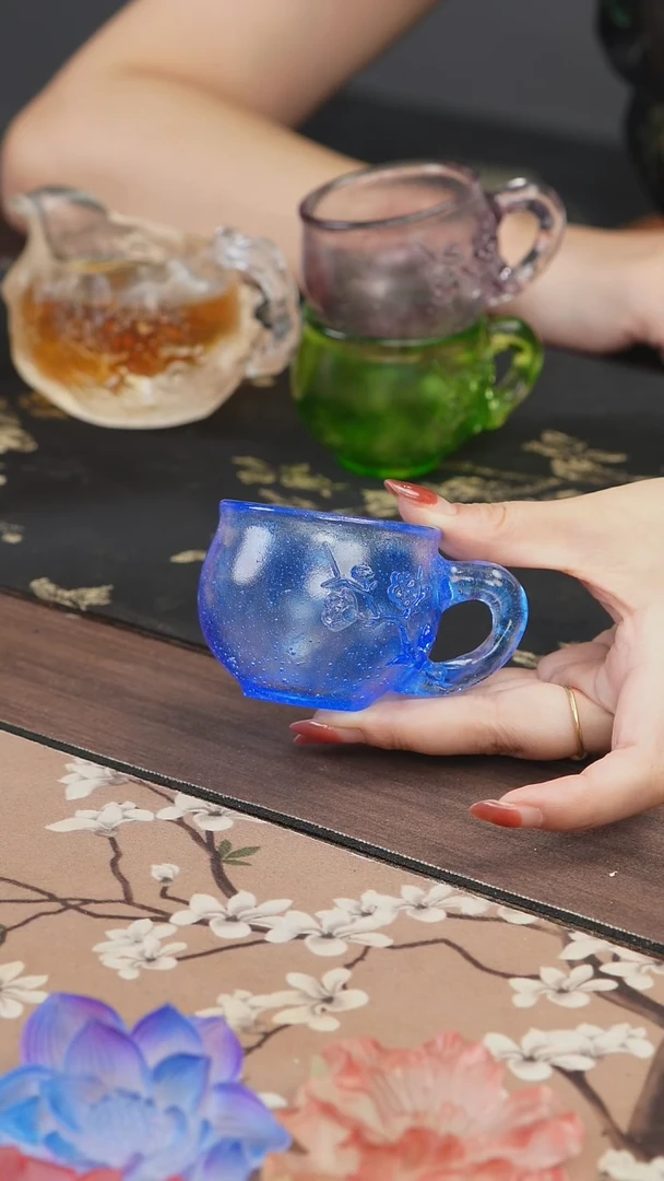 手工艺品琉璃蓝色梅花侧把主人杯