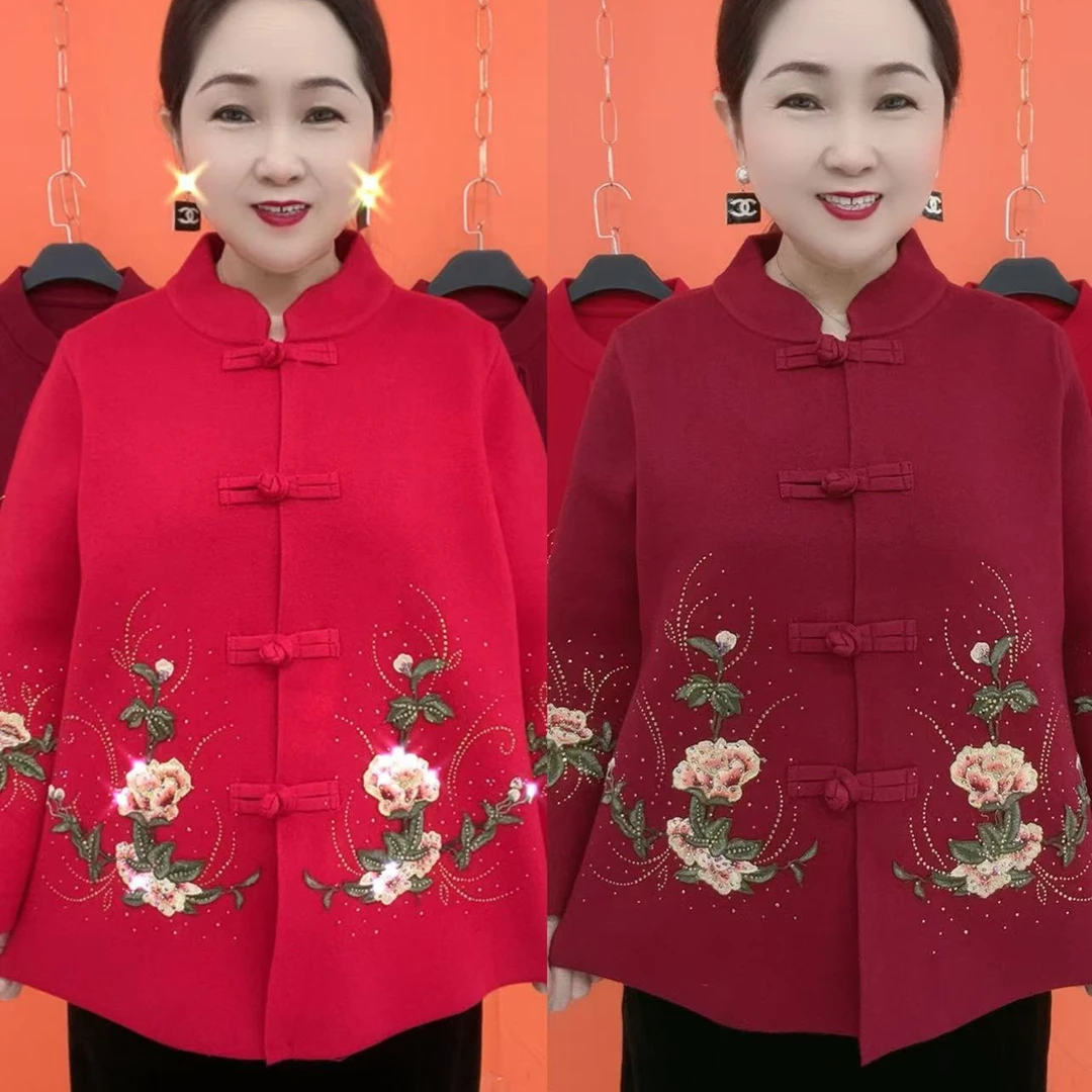 新年款立领盘扣刺绣花针织开衫