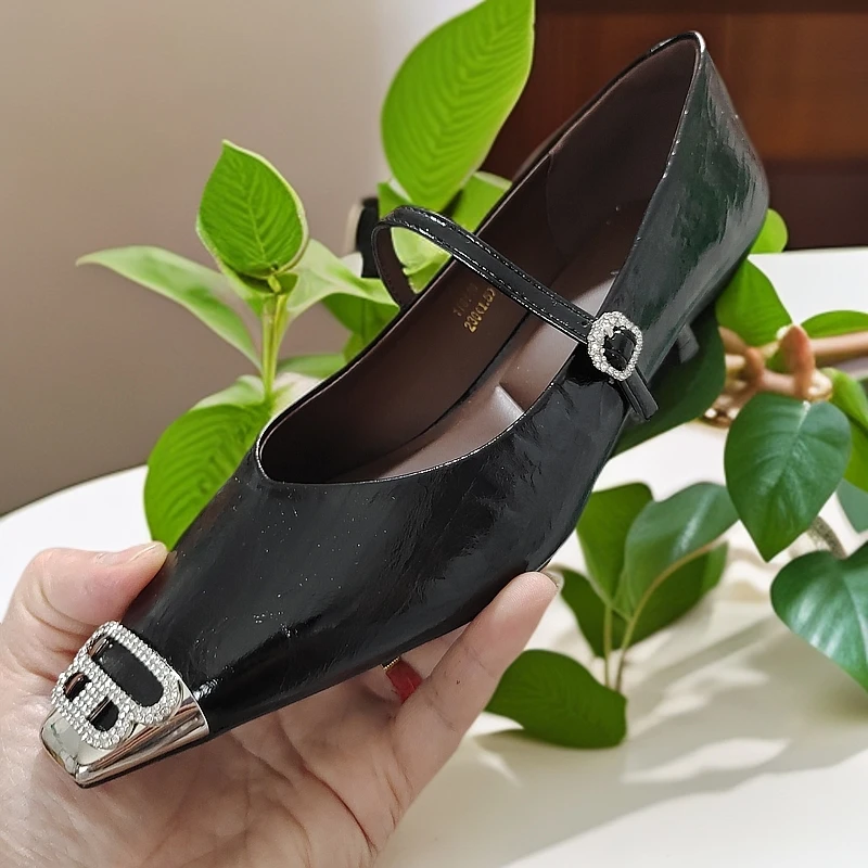 118148黑色方头时尚百搭漆皮单鞋包头高跟皮鞋欧美纯色19＋18
