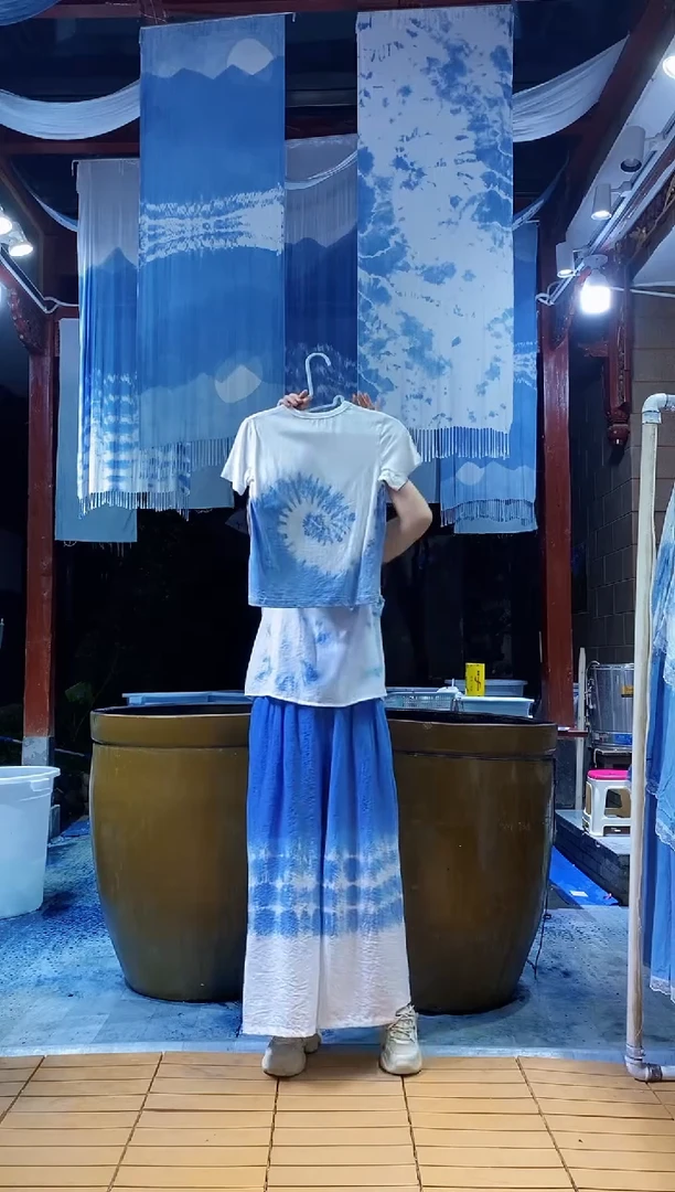 云浅蓝深 扎染服装   常规版阔腿裤