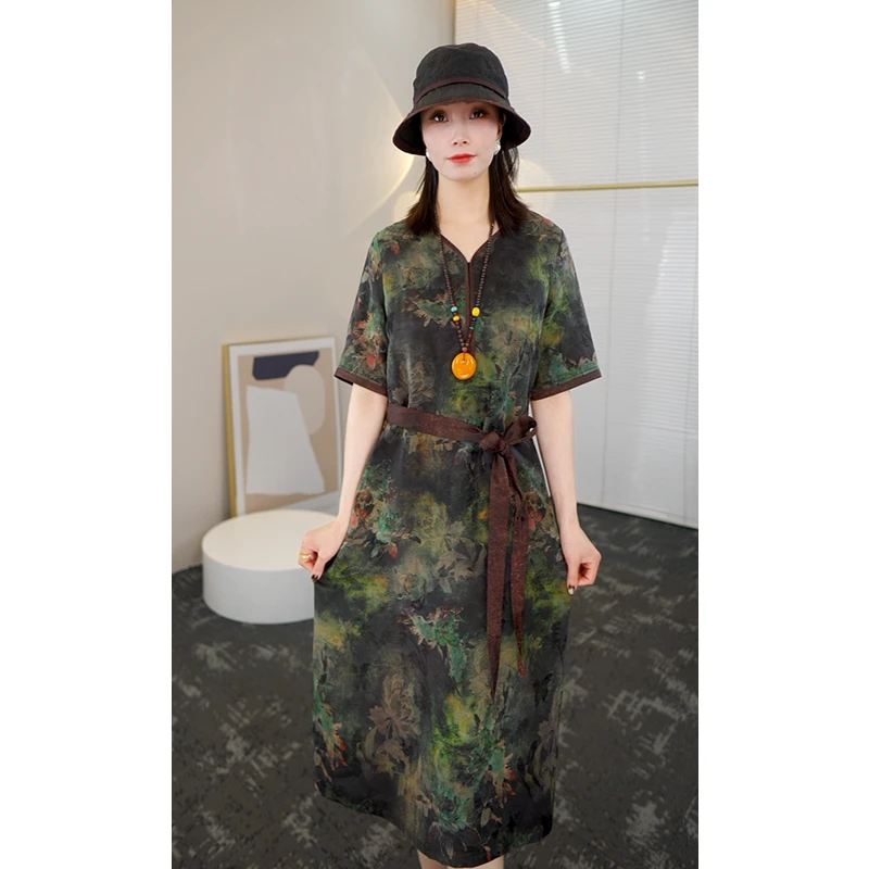 2025夏季时尚双面大牌杭州香云纱桑蚕丝连衣裙女气质妈妈真丝裙子