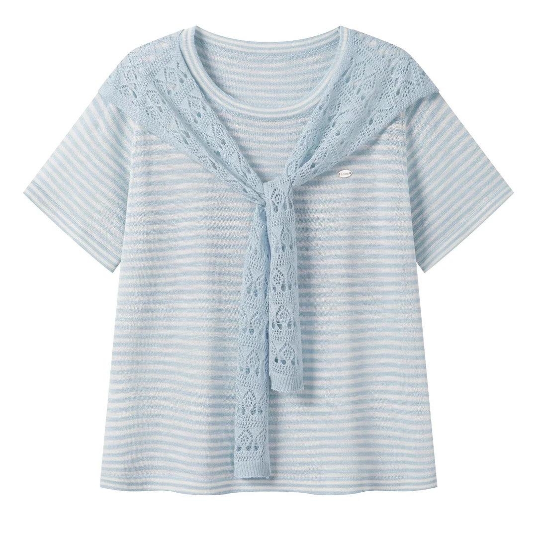 羊城故事-蓝色条纹圆领正肩短袖t恤女2025新款宽松显瘦针织衫5070