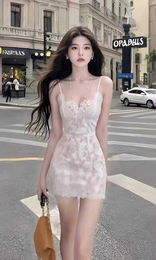 夏季新款氛围感温柔纯欲千金风白色蕾丝修身吊带低领收腰连衣裙女