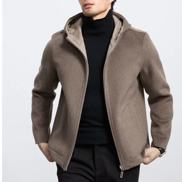 秋冬韩版时尚男士双面呢羊绒大衣连帽潮流双面穿夹克休闲百搭外套