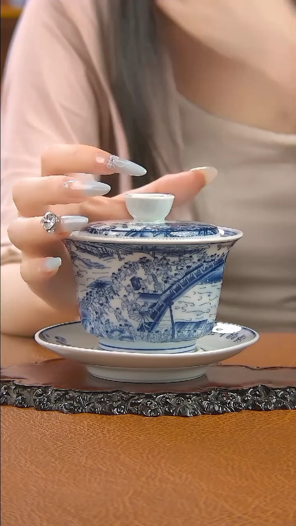 景德镇手工青花清明上河图三才盖碗