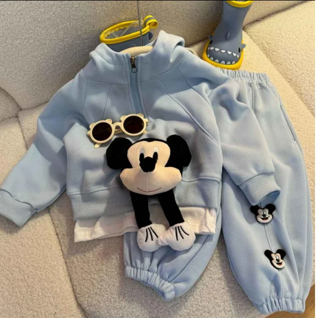 2025春款萌娃穿搭假两件韩版百搭米奇可爱卡通连帽套装