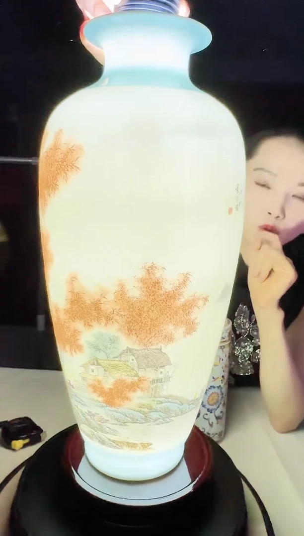 摆件《江山万里》开光高脚冬瓜瓶
