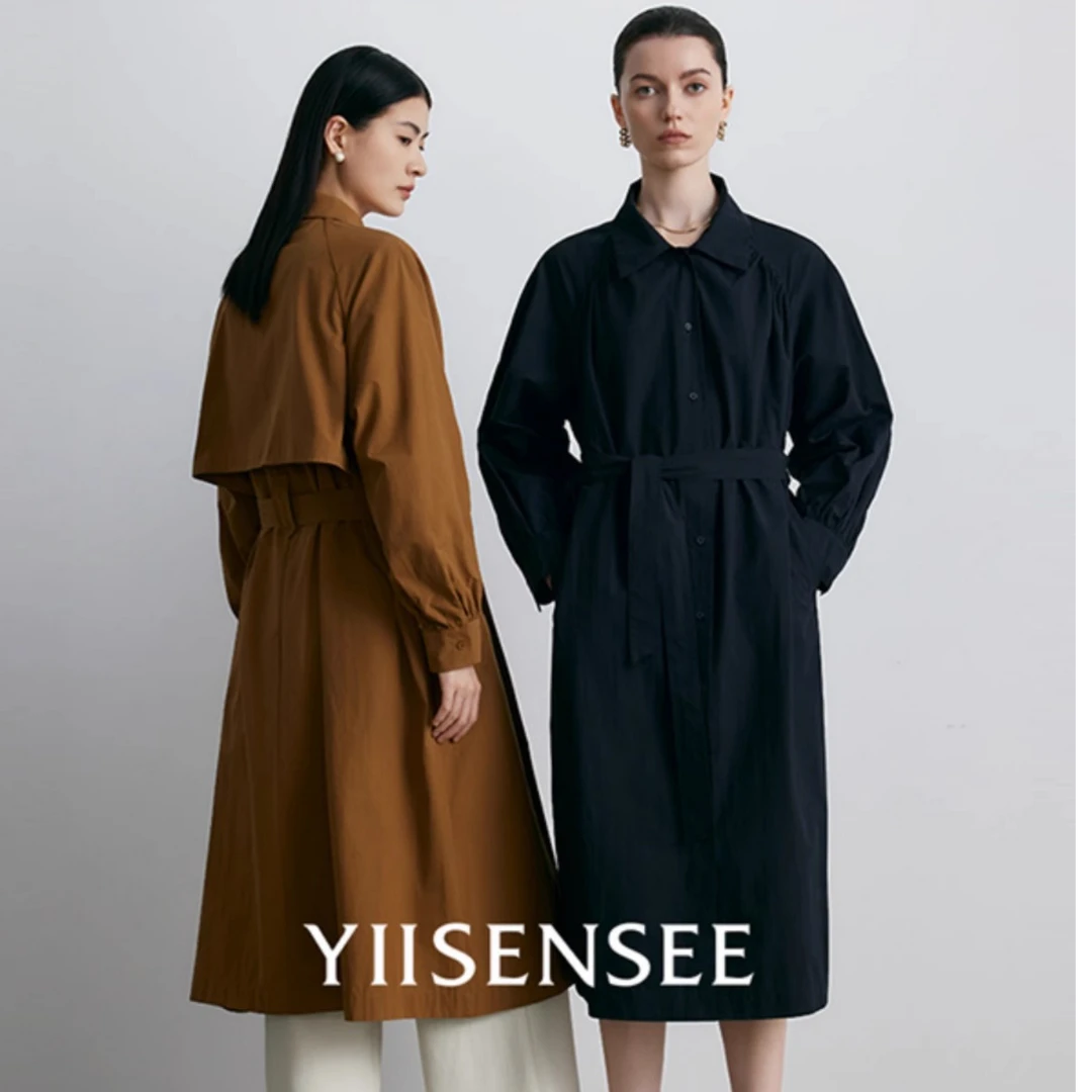 YIISENSEE逸识春夏款法式浪漫褶皱风衣款连衣裙纯棉休闲长袖裙子