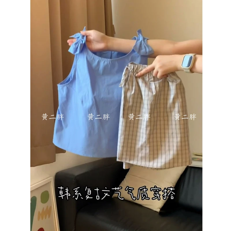 2025年新款韩系甜美百搭肩膀立体蝴蝶结无袖女宽松上衣+裙子套装