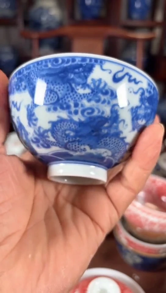 柴窑青花九龙鸡心杯杯