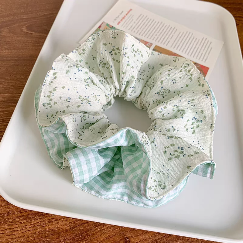 清新碎花格纹撞色高弹力大肠发圈简约甜美扎头发头饰小蛮腰双层