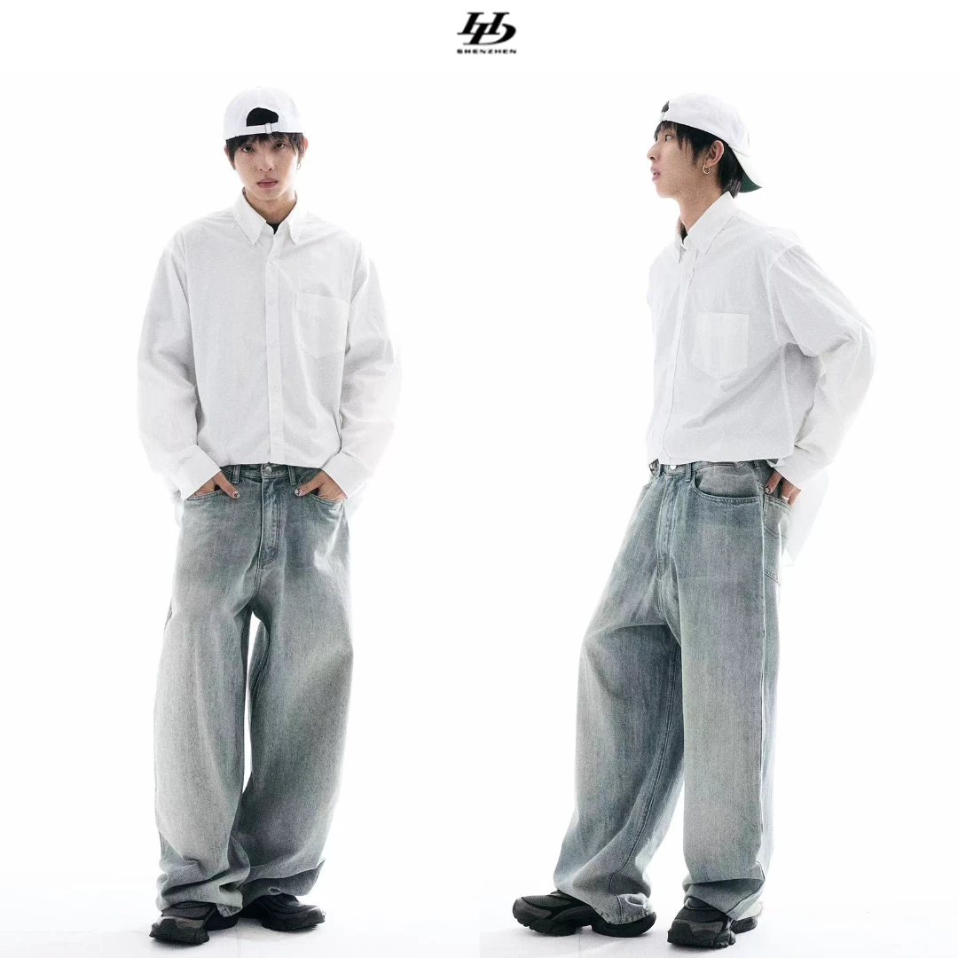 HDCHINA「海雾蓝」秋冬牛仔裤微弹力高腰复古做旧韩版阔腿裤长裤