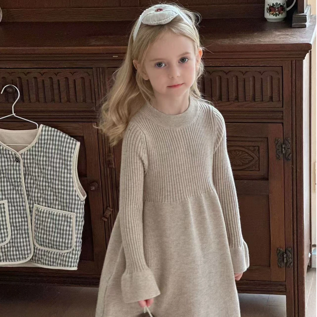 【橘子酱】女童韩版洋气长袖针织打底毛线儿裙女宝宝纯色圆领连衣裙