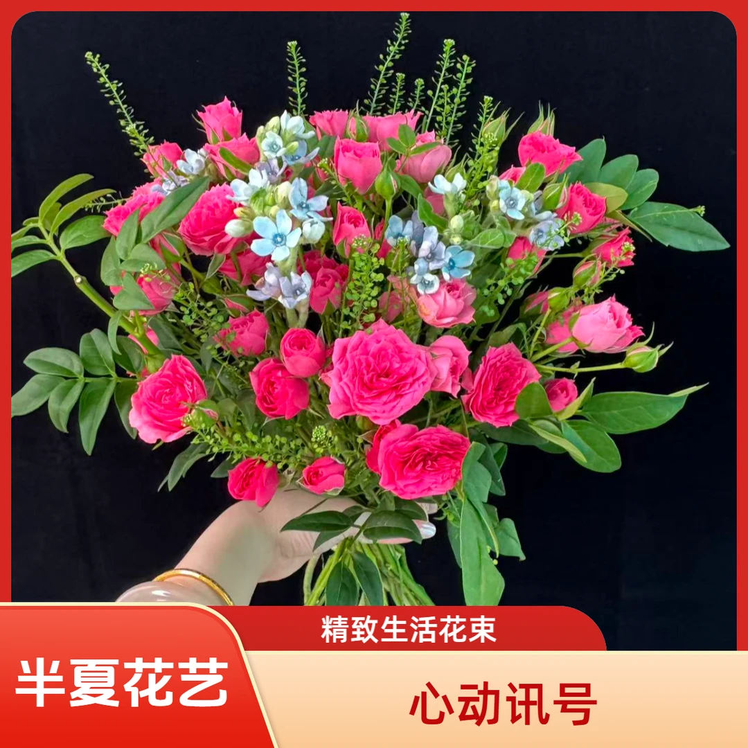 【半夏花艺】特价鲜花组合-心动讯号（苏菲宝贝7枝，蓝星花5枝，九星叶4枝，绿灵草1枝）