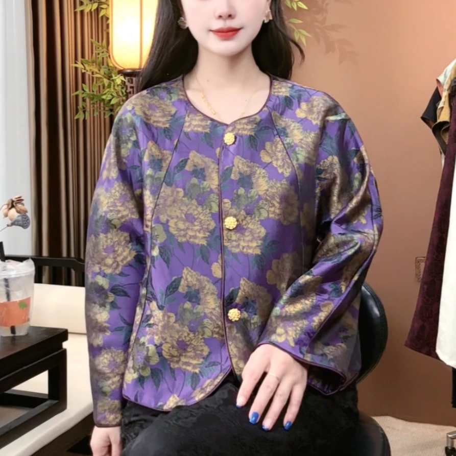 秋季新款桑蚕丝时尚新中式圆领外套气质休闲百搭国风外套女S184