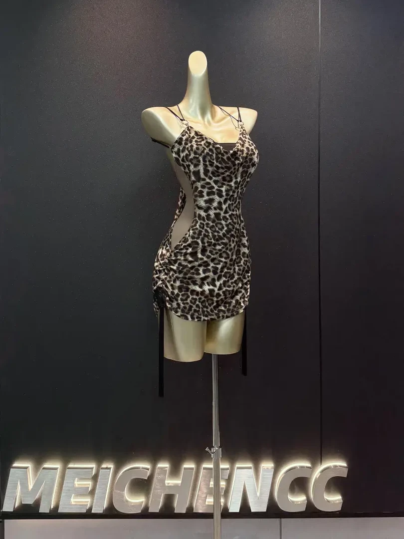 美辰秋冬豹纹系列新款拉丁舞性感高端练功服女成人高级感连衣裙