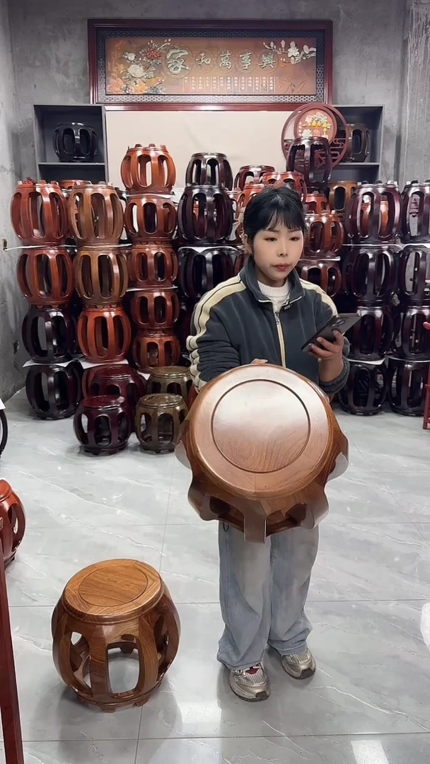 【闪购商品】花梨木类家具原木色大号鼓凳一对