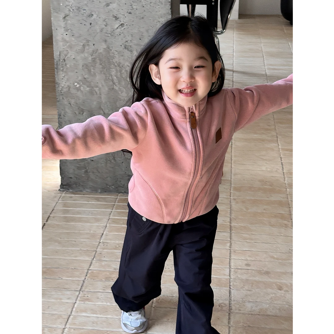 壹妈韩范套装秋季新款粉色毛绒拉链外套百搭女童潮酷深蓝色休闲裤