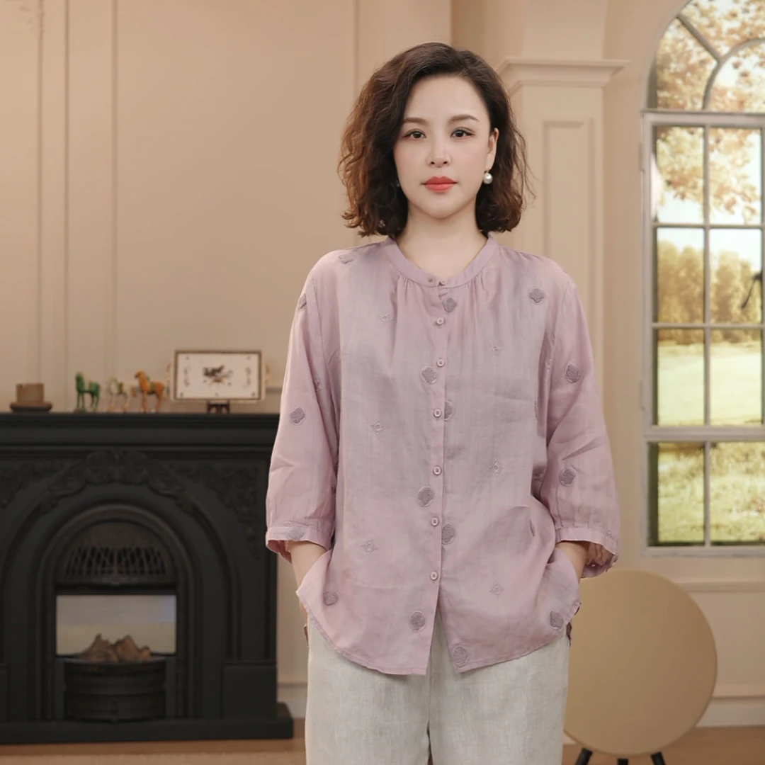 【橘猫美依】春季新款苎麻小衫刺绣半开领上衣女 9086