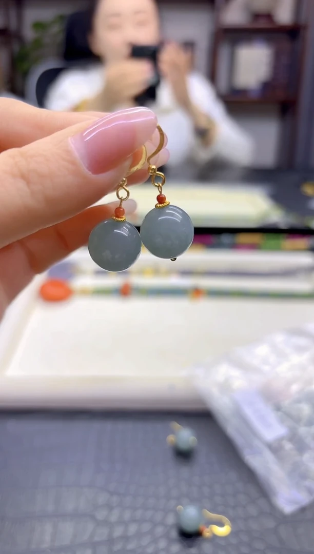 14K金镶嵌翡翠耳饰DIY款E957