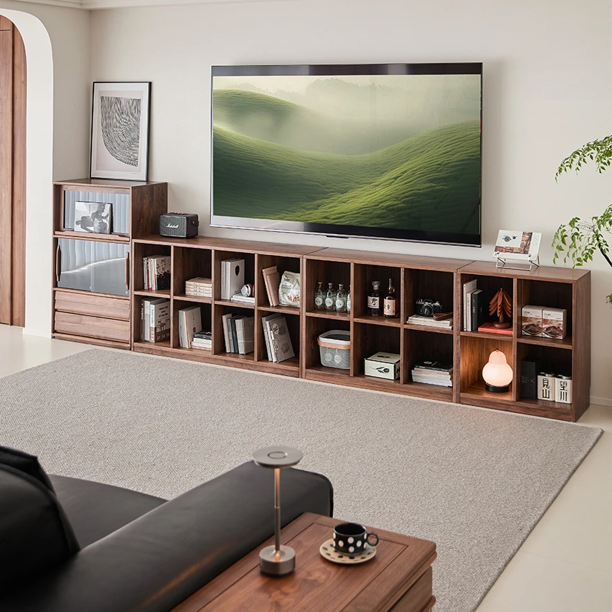 北美黑胡桃木书柜矮书架实木落地组合格子柜电视柜储物隔断柜边柜